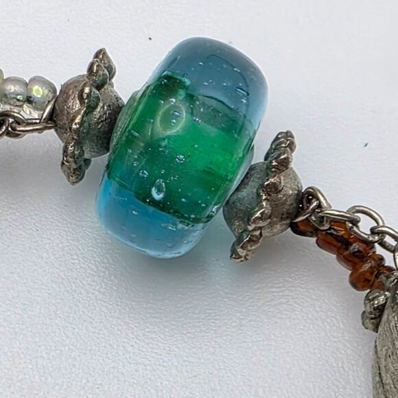 Art Glass Bead Necklace 36" Clear Blue Amber Floral Abstract Silver Tone - Picture 8 of 10